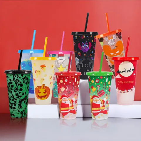 Bicchiere di Plastica Cambicolore con Cannuccia Bicchiere d'Acqua Riutilizzabile Attivato a Freddo Stoviglie per Feste Festive
