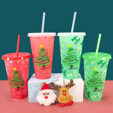 Christmas Color Changing Plastic Cold Tumbler With Lid And Straw Festive Party Drinking Water Cup