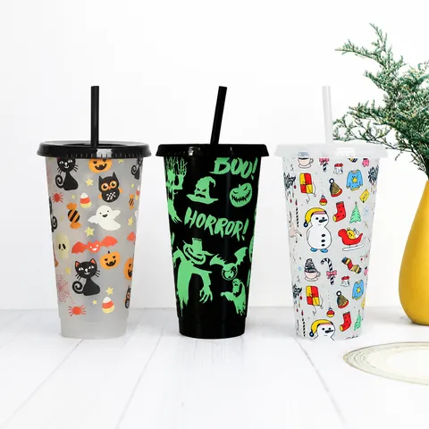 Farbwechsel Plastik Strohhalm Becher Kalt Aktiviert Wiederverwendbarer Kaffeebecher Mit Deckel Und Strohhalm Festliche Party Trinkgeschirr