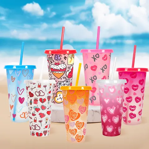 Halloween Christmas Color Changing Plastic Straw Cup Temperature Sensitive Tumbler Reusable Coffee Cup