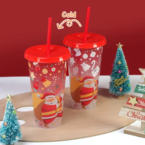 Noël Père Noël Gobelet en Plastique à Changement de Couleur Avec Paille Bouteille d'Eau Sensible au Froid Vaisselle de Fête Festive
