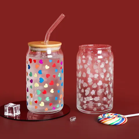 Noël Cœur Changement de Couleur Tasse en Verre Canette Avec Couvercle en Bambou et Paille en Verre Tasse Thermensible