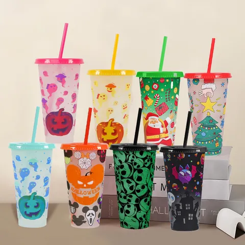 Bicchiere di Plastica con Cannuccia Cangiante Attivato a Freddo Riutilizzabile Tazza da Caffè con Coperchio e Cannuccia per Feste