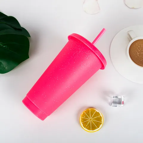 Gobelet Pailleté en Plastique Bouteille d'Eau Créative Smoothie Changement de Couleur Avec Couvercle Et Paille Pour Bureau Extérieur