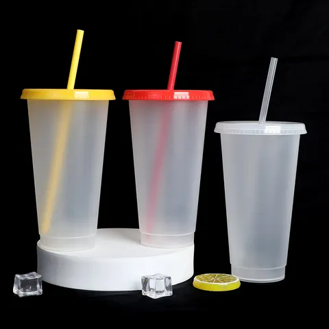 Transparenter Plastik Strohhalm Becher Farbwechsel Kaffeetasse Mit Deckel Wiederverwendbar Kaltgetränk Becher Für Büro Zuhause