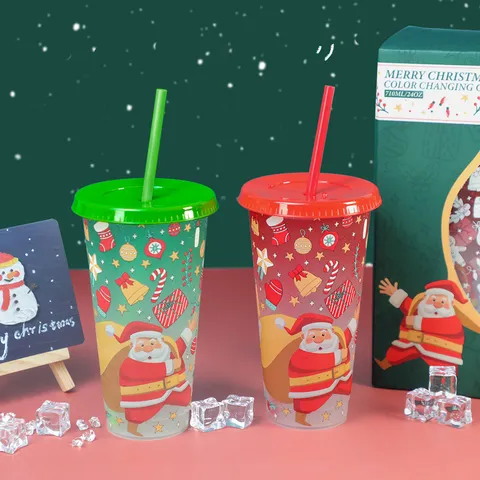 Gobelet en Paille en Plastique à Changement de Couleur Froid de Noël Tumbler Avec Couvercle et Paille Cadeau de Fête Festive