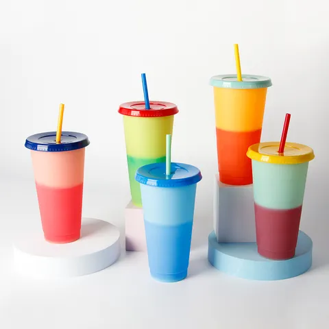 Große Kapazität Plastik Farbwechsel Becher Mit Strohhalm Wiederverwendbar Kaltgetränk Becher Für Büro Outdoor