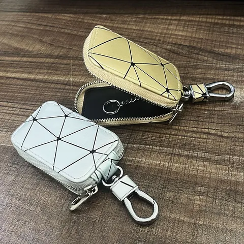 Geometrische Raute Auto Schlüsseletui PU Leder Reißverschluss Schlüsseltasche Für Herren Damen Gesteppte Schlüsselanhänger Halter Auto Zubehör