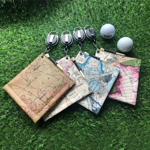 Retro Map Pattern PU Leather Golf Towel With Retractable Hook Portable Golf Ball Cleaner For Men Women Outdoor Golf Accessories