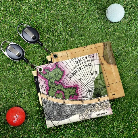 Retro Map Pattern PU Leather Golf Towel With Retractable Hook Portable Golf Ball Cleaner For Men Women Outdoor Golf Accessories