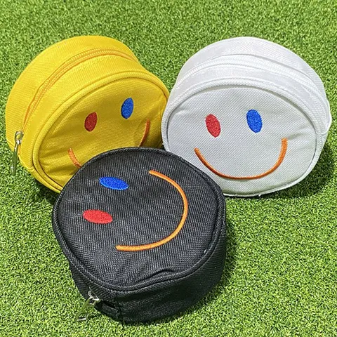 Portable Mini Golf Ball Pouch Bag With Smiley Face Embroidery Zipper Waist Belt Hook Polyester Golf Accessory Bag For Men Women
