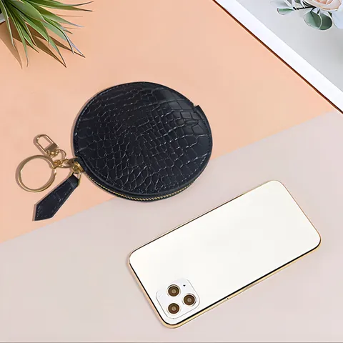 Multifunctional PU Leather Coin Purse Round Crocodile Pattern Mini Key Chain Earphone Card Wallet For Unisex Everyday Bags