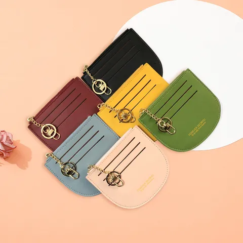 Minimalistisch PU Leder Münztasche Multi Kartensteckplatz Ausweishalter Ultradünn Reißverschluss Brieftasche Schlüsselanhänger Quaste Damen