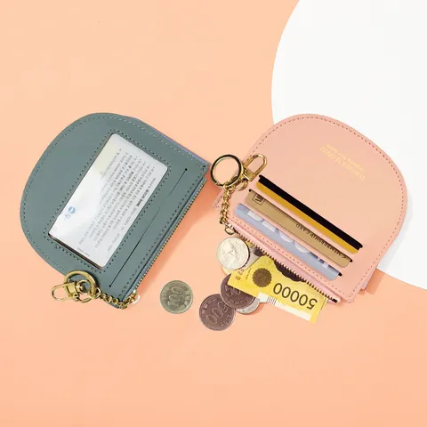 Minimalistisch PU Leder Münztasche Multi Kartensteckplatz Ausweishalter Ultradünn Reißverschluss Brieftasche Schlüsselanhänger Quaste Damen