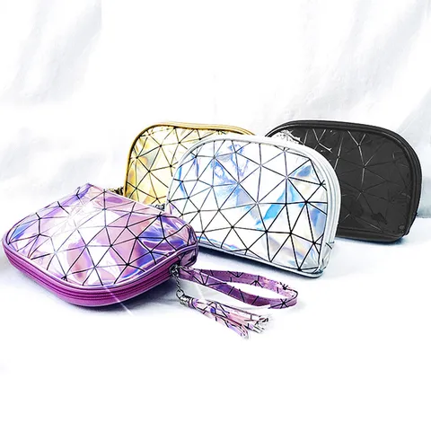 Tragbare Holografische Geometrische Rautenmuster Kosmetiktasche Für Damen Laser PU Leder Makeup Tasche Mit Quaste Reise Kulturbeutel Aufbewahrungsbeutel