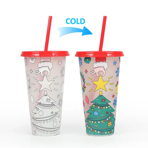 Tasse à Paille en Plastique à Changement de Couleur d'Arbre de Noël Grande Capacité Gobelet PP Monocouche Articles de Fête Festive