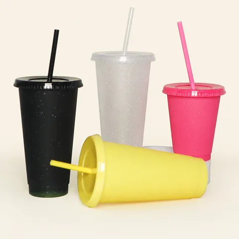 Plastic Glitter Straw Cup Color Changing Reusable Cold Drink Water Cup Portable Travel Tumbler With Lid And Straw