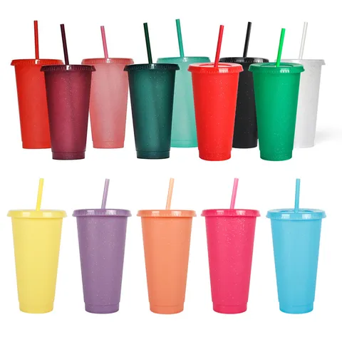 Plastik Glitzer Strohhalm Becher Farbwechsel Wiederverwendbar Kaltgetränk Wasserbecher Tragbarer Reise Becher Mit Deckel Und Strohhalm