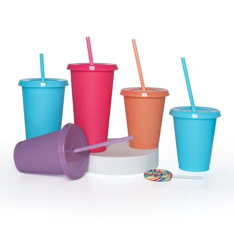 Plastik Glitzer Strohhalm Becher Farbwechsel Wiederverwendbar Kaltgetränk Wasserbecher Tragbarer Reise Becher Mit Deckel Und Strohhalm