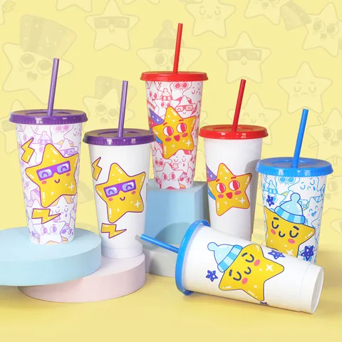 Gobelet en Plastique PP Changement de Couleur à Froid avec Paille Motif Étoile Mignonne de Dessin Animé Tasse à Boire pour Maison Bureau Extérieur