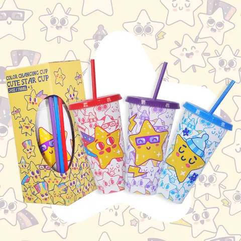 Gobelet en Plastique PP Changement de Couleur à Froid avec Paille Motif Étoile Mignonne de Dessin Animé Tasse à Boire pour Maison Bureau Extérieur