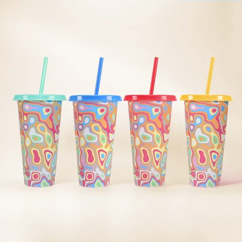 Gobelet Réutilisable En Plastique PP Changeant de Couleur Avec Couvercle Et Paille Tasse d'Eau Potable à Gradient Magique Psychédélique Pour Bureau Et Extérieur