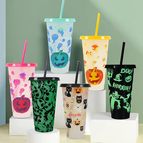 Tasse Gobelet en Plastique Changement de Couleur à Froid Halloween avec Couvercle et Paille
