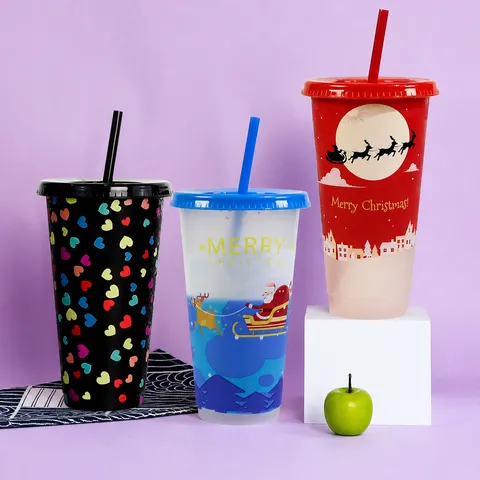 Vaso de Plástico Frío con Cambio de Color con Paja Vaso Reutilizable para Fiestas Halloween Navidad