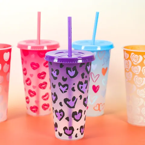 Tasse en Plastique Changeant de Couleur à Froid de la Saint-Valentin Grande Capacité Gobelet à Paille Réutilisable Bouteille d'Eau