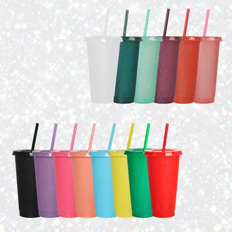 Large Capacity PP Plastic Straw Cup With Lid And Glitter Sequins Reversible Color Changing Drinking Tumbler
