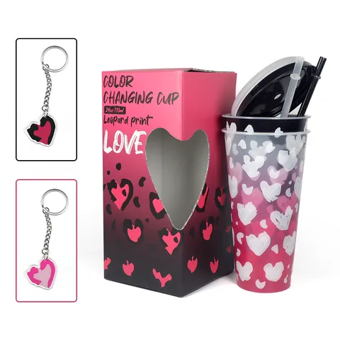 Gobelet en Plastique à Changement de Couleur Avec Couvercle et Paille Motif Cœur Léopard Tasse à Boire Sensible au Froid