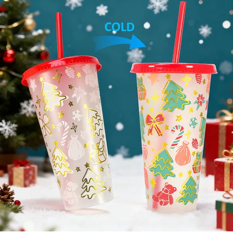 Tasse de Paille Changeante de Couleur de Noel Grande Capcapacite Gobelet de Boisson Froide en Plastique Estampage a Chaud Boissons de Fete