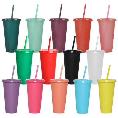 Gobelet Réutilisable en Plastique Pailleté Avec Couvercle et Paille Tasse à Boire Dégradée pour Bureau et Maison
