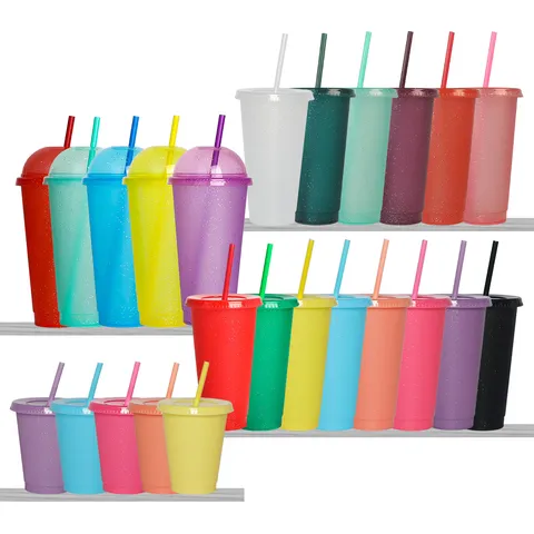 Grande Capacité Gobelet en Paille Plastique PP Avec Couvercle et Paillettes Scintillantes Gobelet Changeant de Couleur