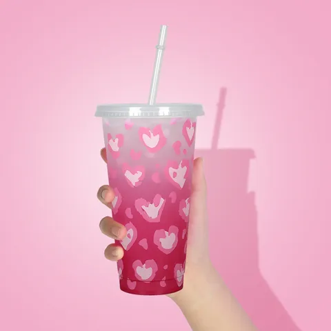 Gobelet en Plastique à Changement de Couleur Avec Couvercle et Paille Motif Cœur Léopard Tasse à Boire Sensible au Froid