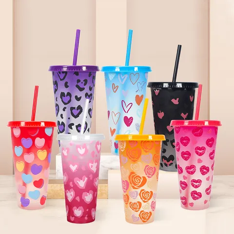 Color Changing Plastic Cup Cold Activated Tumbler With Straw Valentine Heart Leopard Design Reusable Drinkware