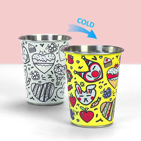 Tasse à Bière en Acier Inoxydable Extérieur Froid Changement de Couleur Tasse à Eau Mignon Cartoon Graffiti Simple Couche Gobelet de Thé au Lait