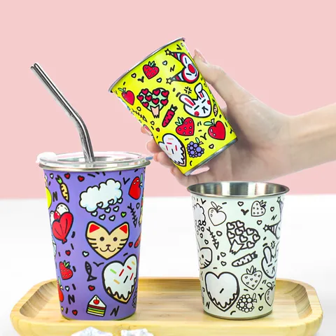 Tasse à Bière en Acier Inoxydable Extérieur Froid Changement de Couleur Tasse à Eau Mignon Cartoon Graffiti Simple Couche Gobelet de Thé au Lait