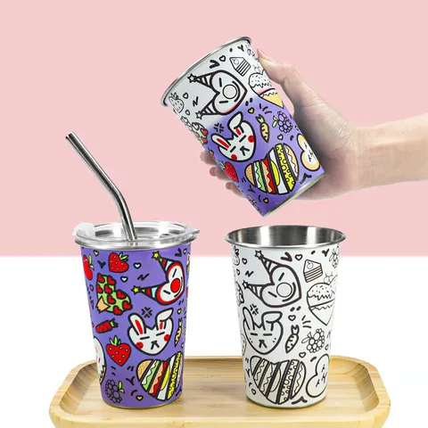 Gobelet à Changement de Couleur à Froid en Acier Inoxydable Tasse d'Eau de Camping en Plein Air Mignon Dessin Animé Gobelet Portable