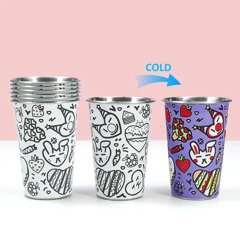 Gobelet à Changement de Couleur à Froid en Acier Inoxydable Tasse d'Eau de Camping en Plein Air Mignon Dessin Animé Gobelet Portable