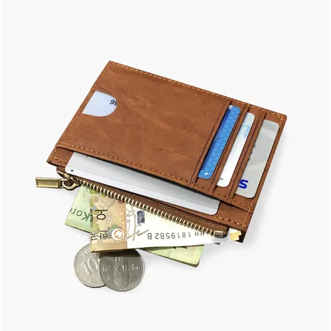 Koreanischer Stil PU Leder Schlank Mini Geldbörse Mit Reißverschluss Kartenhalter ID Fenster Münzfach Für Unisex Alltag Reise