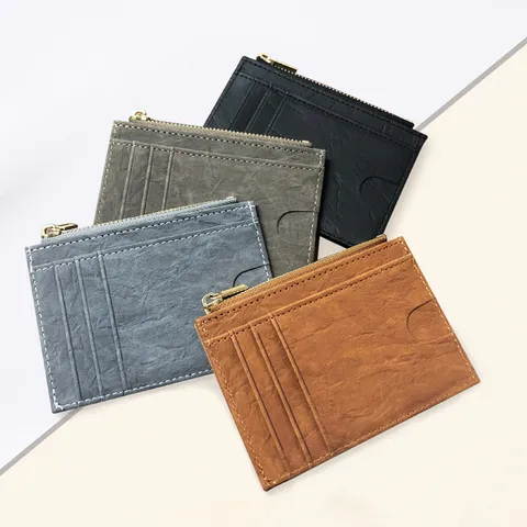Koreanischer Stil PU Leder Schlank Mini Geldbörse Mit Reißverschluss Kartenhalter ID Fenster Münzfach Für Unisex Alltag Reise