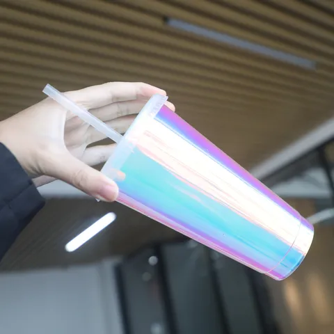 Gobelet en Plastique Holographique avec Paille Gobelet à Café Scintillant Réutilisable avec Couvercle et Paille pour Voyage Bureau Maison