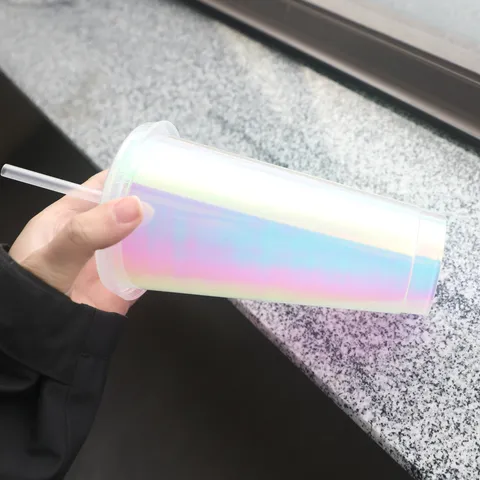 Gobelet en Plastique Holographique avec Paille Gobelet à Café Scintillant Réutilisable avec Couvercle et Paille pour Voyage Bureau Maison