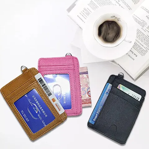 Koreanischer Stil Schlankes PU Leder Kartenhalter Mini Multi-Slot Geldbörse Mit Transparentem ID Fenster Und Metallhaken