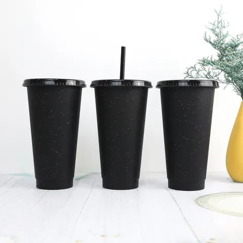 Vaso con Pajita de Plástico PP Creativo Negro Mate Cambio de Color Con Tapa y Pajita Para Oficina Hogar