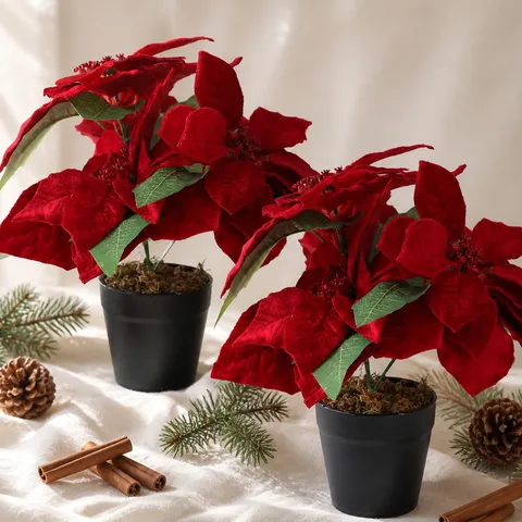 Artificial Christmas Poinsettia Potted Plant Red Fabric Flower With Black Pot Indoor Holiday Home Table Decor