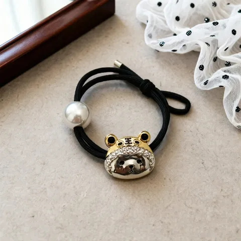 High Elastic Hair Rope With Artificial Pearl Alloy Animal Pendant Panda Lion Tiger Rhinestone Hair Ring For Women Jewelry