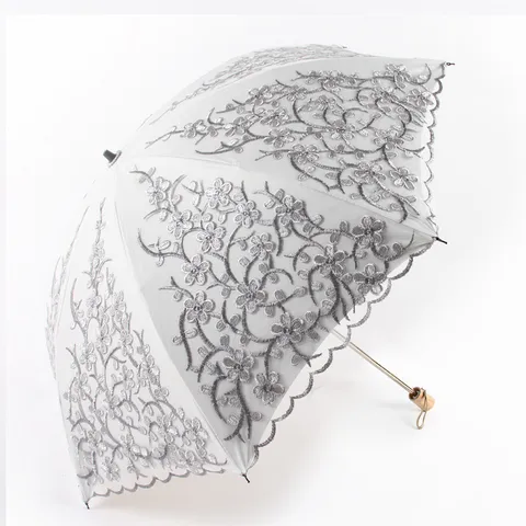 Double Layer Embroidered Lace Sun Umbrella Elegant Wooden Handle UV Protection Folding Parasol Palace Style