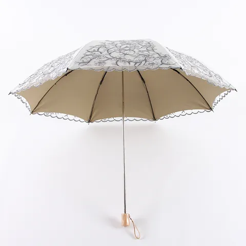 Double Layer Embroidered Lace Sun Umbrella Elegant Wooden Handle UV Protection Folding Parasol Palace Style